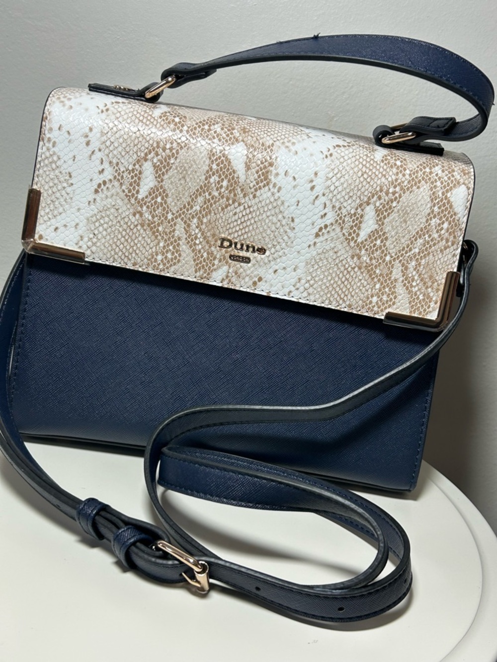 Navy & Cream Snake-Print Top Handle Bag